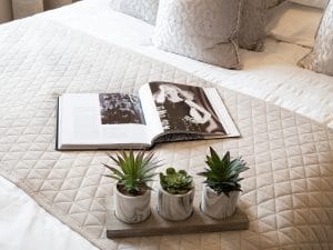 Plants and Open Book on Bed