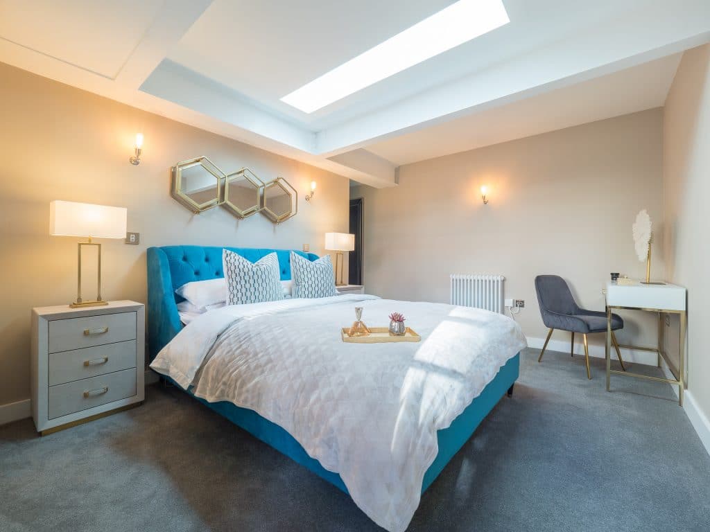 Interior Designed Modern Neutral and Blue Bedroom